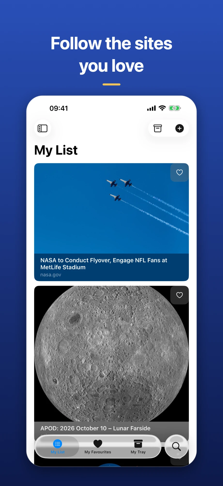 Articles from followed sites like NASA appearing in My List