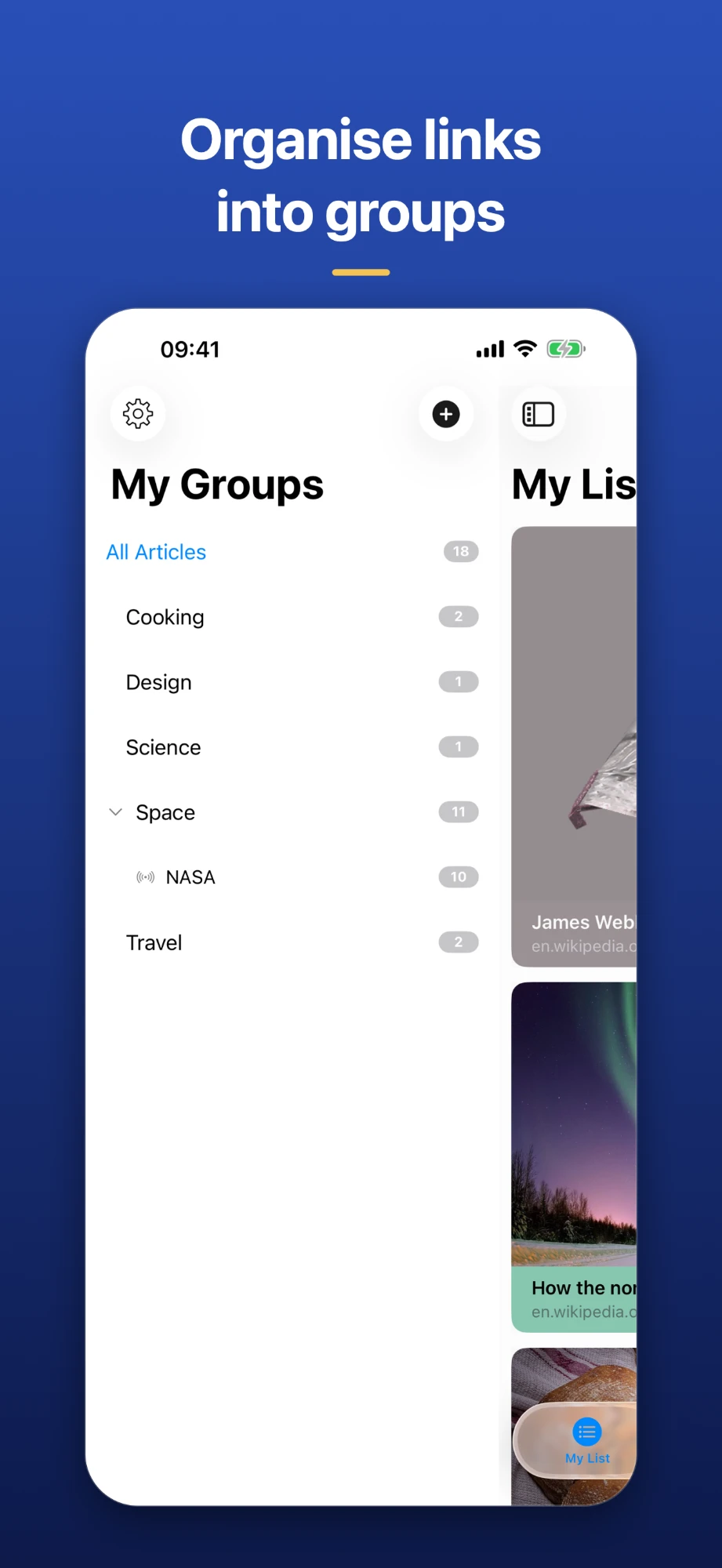 Organising saved links into groups such as Cooking, Design, Science and Space