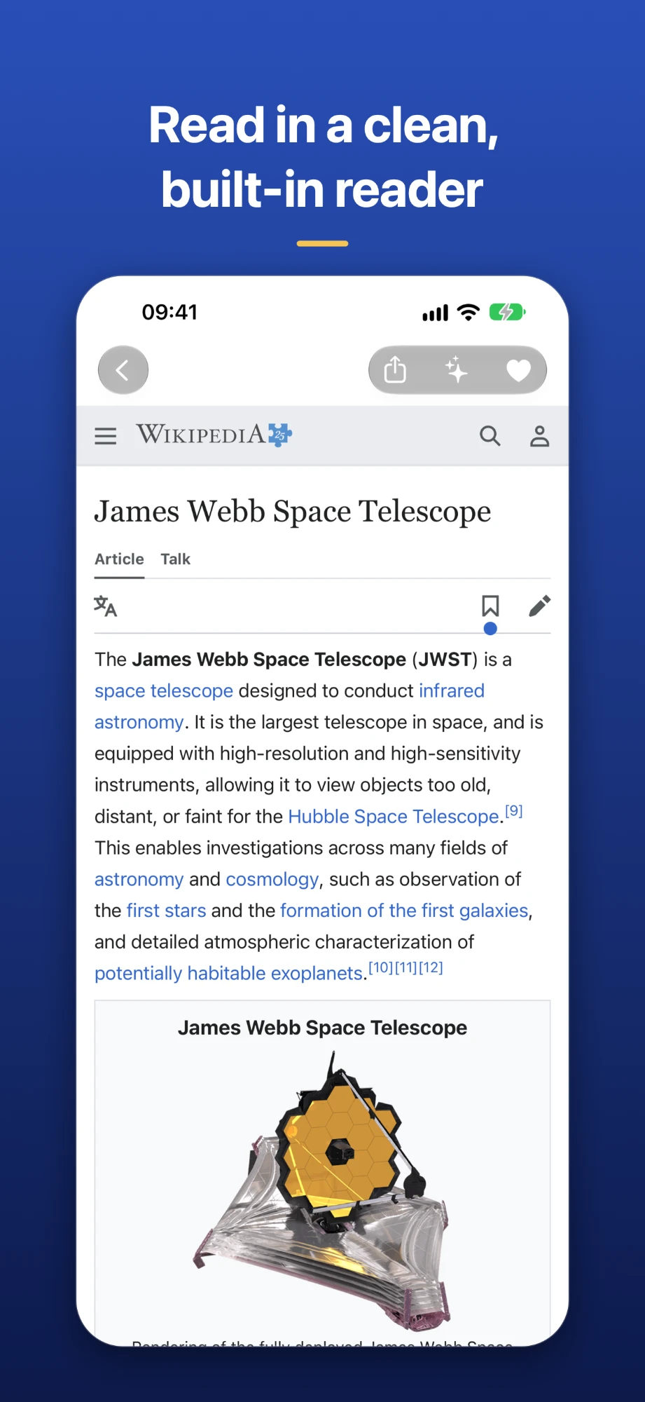 Reading a Wikipedia article in the built-in reader, with share, AI summary and favourite buttons