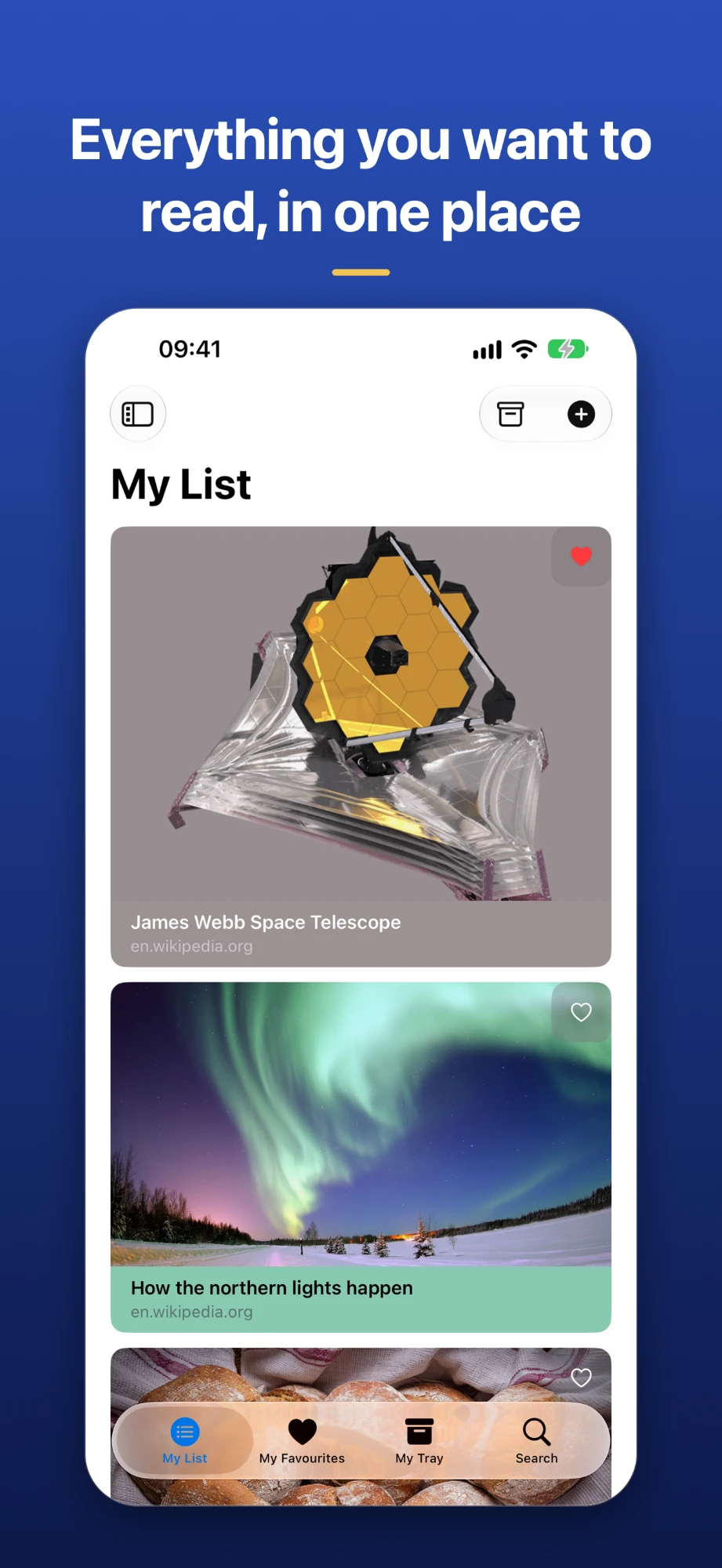 Markee reading list with saved articles from Wikipedia, shown as image cards